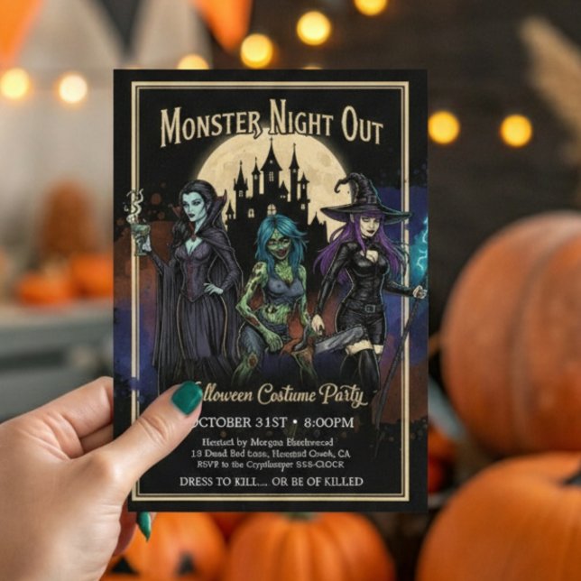 Monster Girls nattetid utanför Roligt Halloween fe Inbjudningar (Skapare uppladdad)