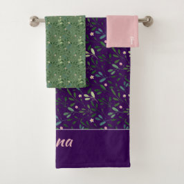Mönster grönt löv namn badhandduk för lila rosa vi