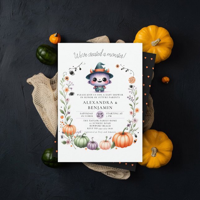 Monster Halloween Fall and Coed Girl Shower Inbjudningar (halloween baby shower invitation cute monster watercolor character coed couple october fall floral)