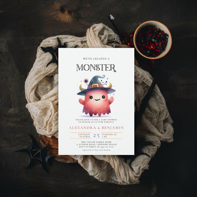 Monster Halloween Fall oktoed Coed Girl Shower Inbjudningar (fall halloween baby shower invitation cute monster watercolor character coed couple october)