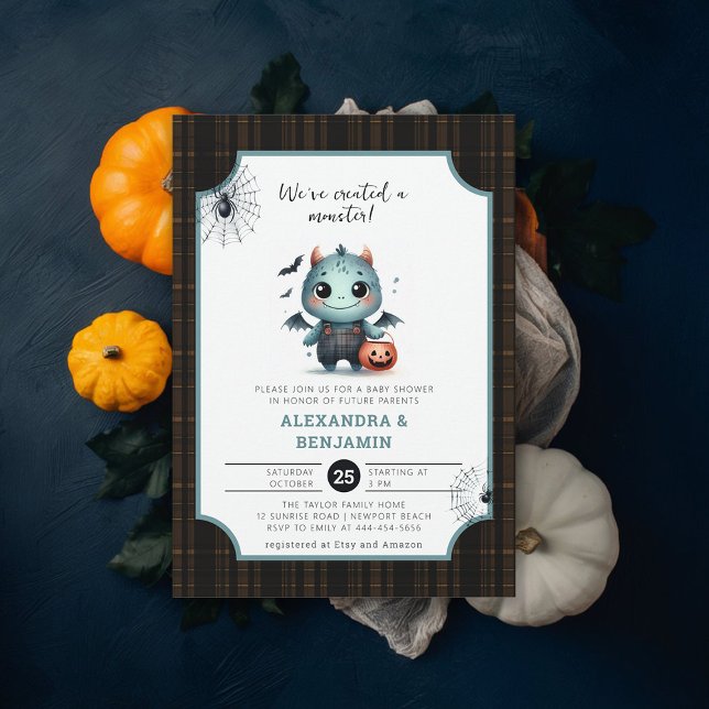 Monster Halloween Tartan Cute Coed Boy Shower Inbjudningar (halloween baby shower invitation monster watercolor character coed couple october fall plaid tartan)