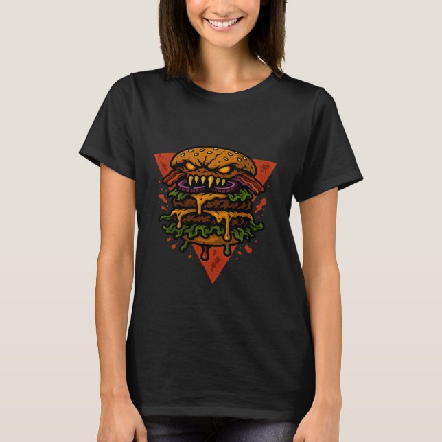 Monster Hamburger with Fangs Evil Fast Food Scary  T Shirt (Framsida)