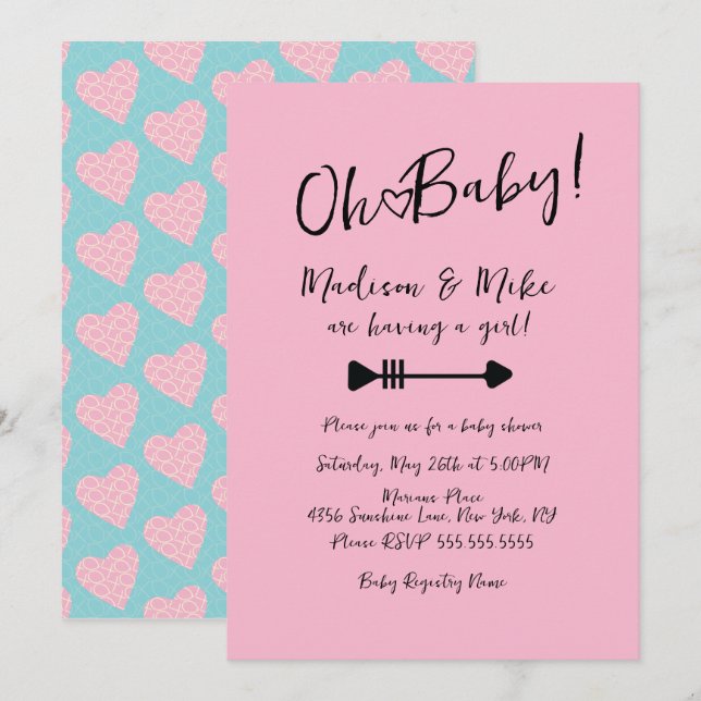 Mönster Heart Valentines day Rosa Baby Shower Inbjudningar (Fram/baksida)