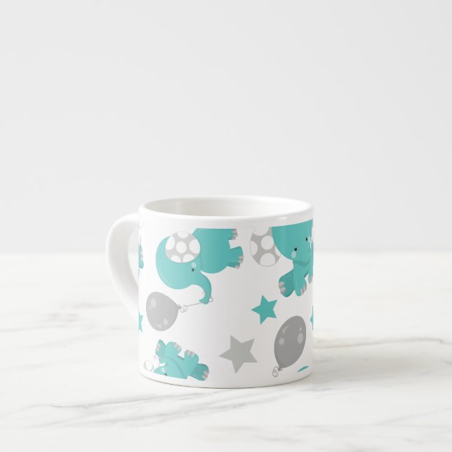 Mönster i blå elefanter, kute elefanter, stjärnor espressomugg (Framsida vänster)