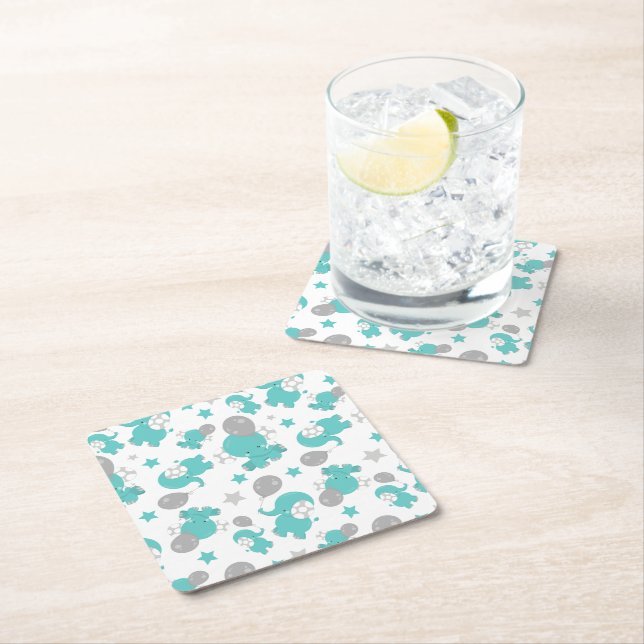 Mönster i blå elefanter, kute elefanter, stjärnor underlägg papper kvadrat (Insitu)