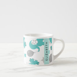 Mönster i blå elefanter, stjärnor, ditt namn espressomugg