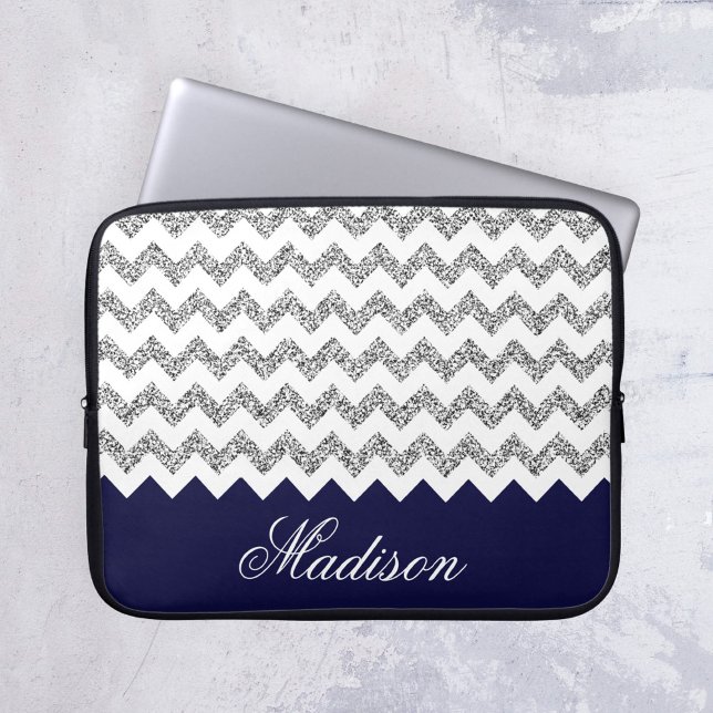 Mönster i Glitter Chevron för marinblå silvery Laptop Sleeve (Skapare uppladdad)