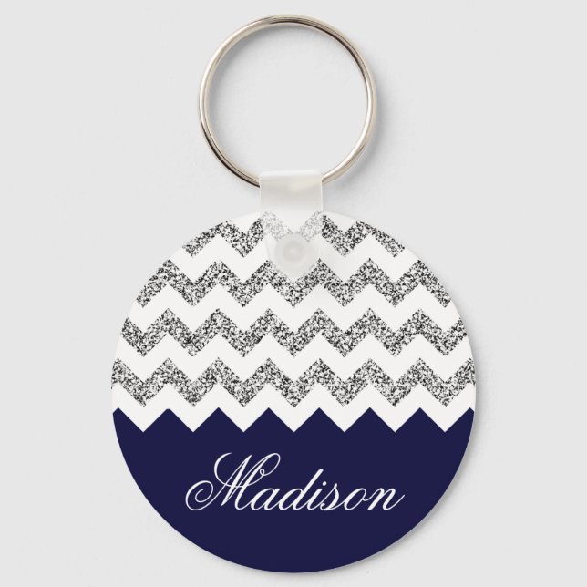 Mönster i Glitter Chevron för marinblå silvery Nyckelring (Framsida)