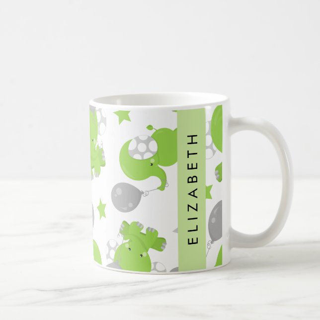 Mönster i Grönt elefanter, stjärnor, ditt namn Kaffemugg (Höger)
