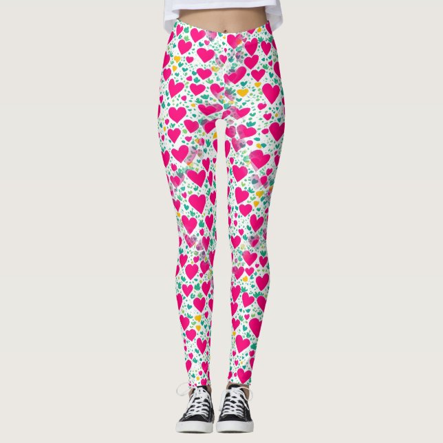 Mönster i hjärta och grönt löv leggings (Framsida)