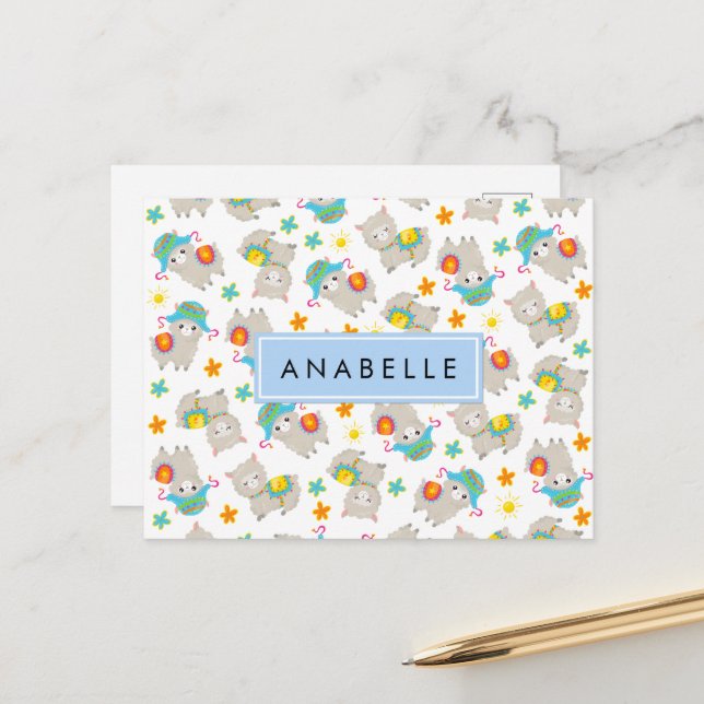 Mönster i Llamas, Alpacas, Blommor, ditt namn Vykort (Fram/Back In Situ)