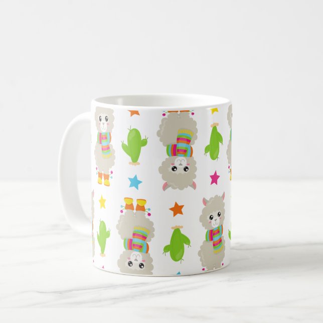 Mönster i Llamas, Cute Llamas, Alpacas, Cactus Kaffemugg (Framsida vänster)