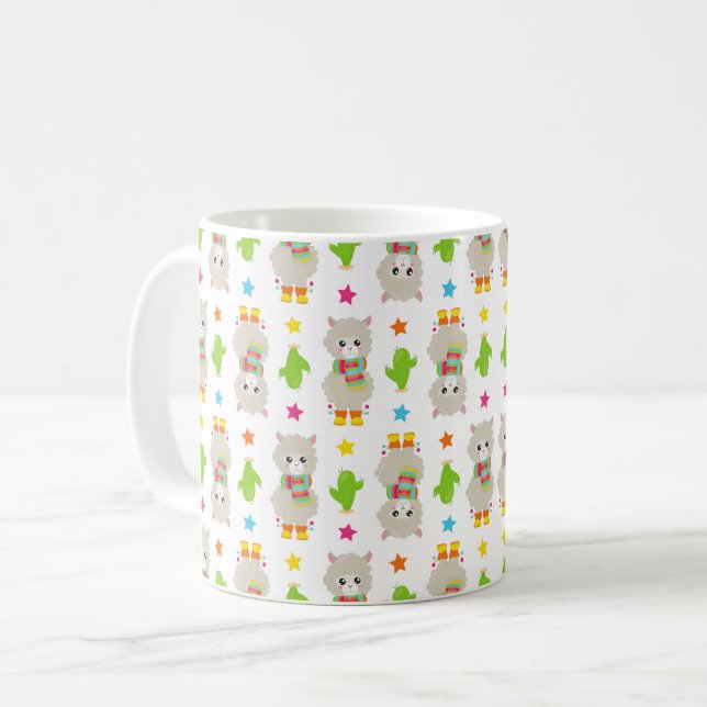 Mönster i Llamas, Cute Llamas, Alpacas, Cactus Kaffemugg (Framsida vänster)