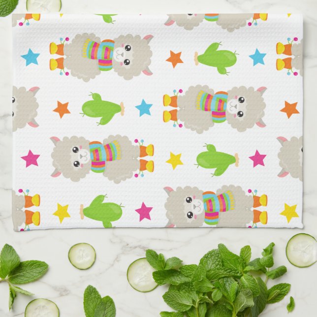 Mönster i Llamas, Cute Llamas, Alpacas, Cactus Kökshandduk (Vikta)