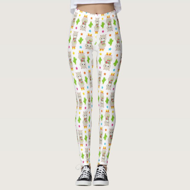 Mönster i Llamas, Cute Llamas, Alpacas, Cactus Leggings (Framsida)