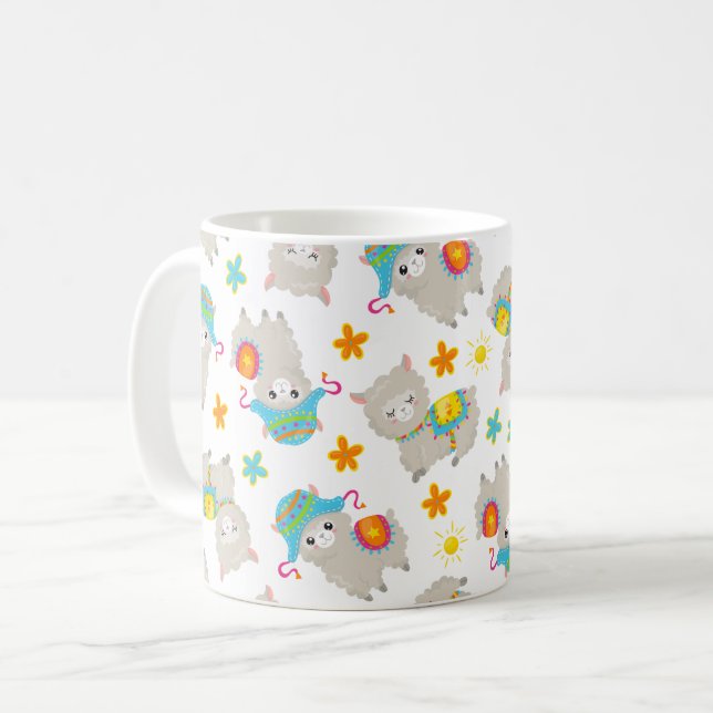 Mönster i Llamas, Cute Llamas, Alpacas, Flowers Kaffemugg (Framsida vänster)