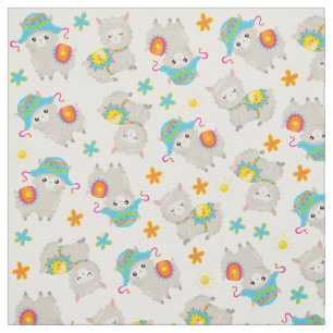 Mönster i Llamas, Cute Llamas, Alpacas, Flowers Tyg