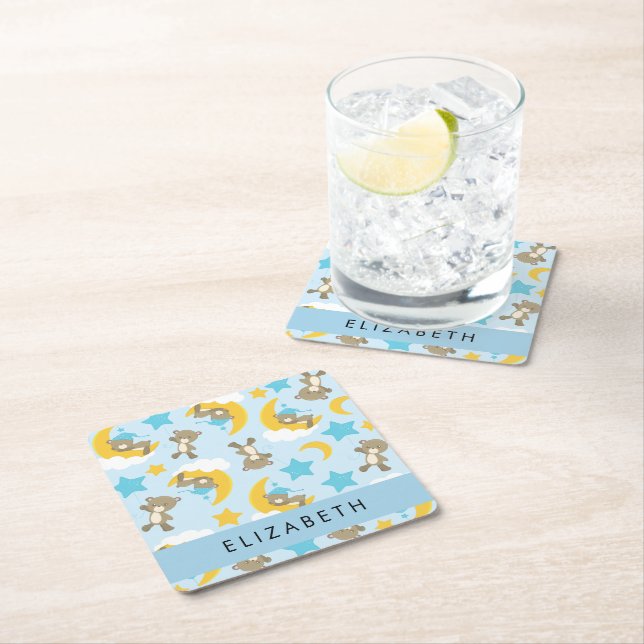 Mönster i päron, Nallar, stjärnor, ditt namn Underlägg Papper Kvadrat (Insitu)