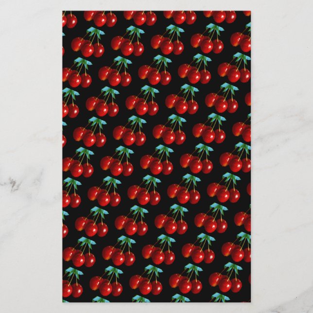 Mönster i rödkörsbär på stenar Löv på svart (Framsida)