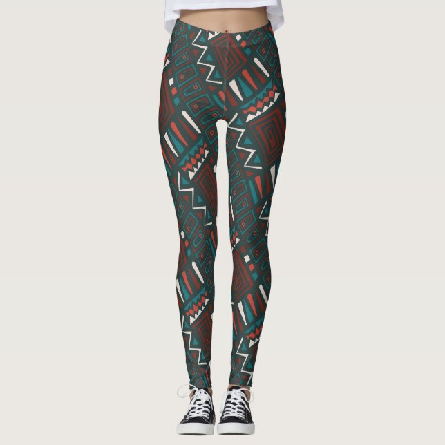 Mönster i rött, teal, vit, fettrik, geometri leggings (Framsida)