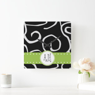 Mönster i Swirls, Black and White, Monogram Fyrkantig Klocka