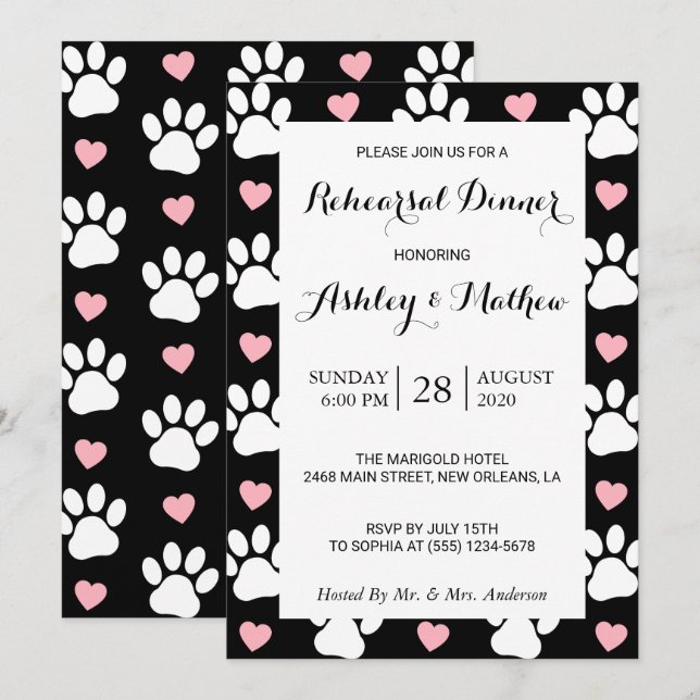 Mönster i Tassar, Hund, Tassar, hjärta, repetition Inbjudningar (Fram/baksida)