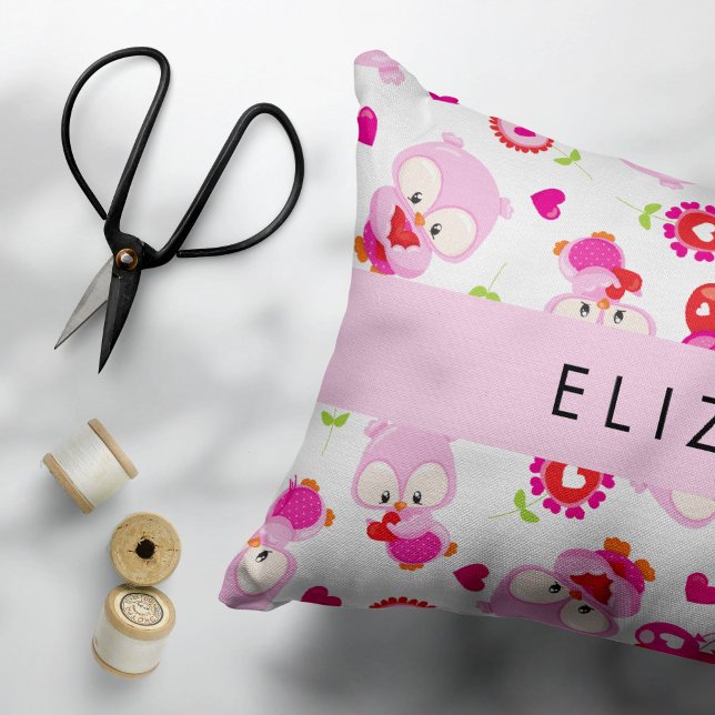 Mönster i Uggla, Cute Uggla, Rosa Uggla, ditt namn Prydnadskudde (Skapare uppladdad)