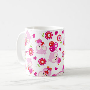 Mönster i Uggla, Cute Uggla, Rosa Uggla, Hjärter Kaffemugg