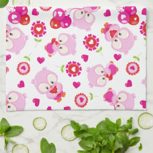 Mönster i Uggla, Cute Uggla, Rosa Uggla, Hjärter Kökshandduk