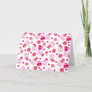 Mönster i Uggla, Cute Uggla, Rosa Uggla, Hjärter Kort