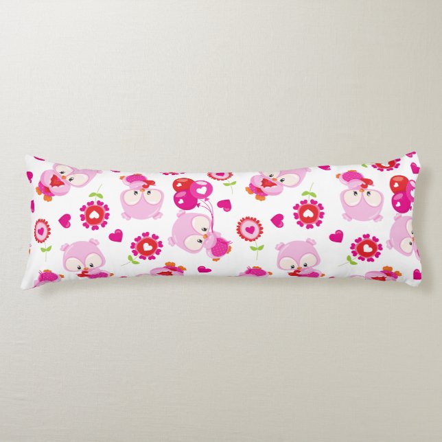 Mönster i Uggla, Cute Uggla, Rosa Uggla, Hjärter Kroppskudde (Framsidan)