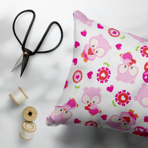 Mönster i Uggla, Cute Uggla, Rosa Uggla, Hjärter Prydnadskudde