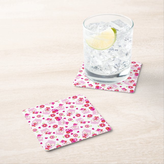 Mönster i Uggla, Cute Uggla, Rosa Uggla, Hjärter Underlägg Papper Kvadrat (Insitu)