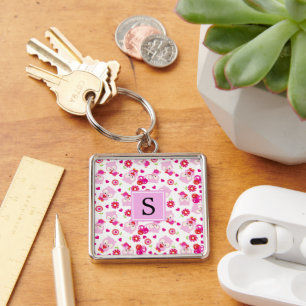 Mönster i Uggla, Cute Uggla, Rosa Uggla, Monogram Fyrkantig Silverfärgad Nyckelring