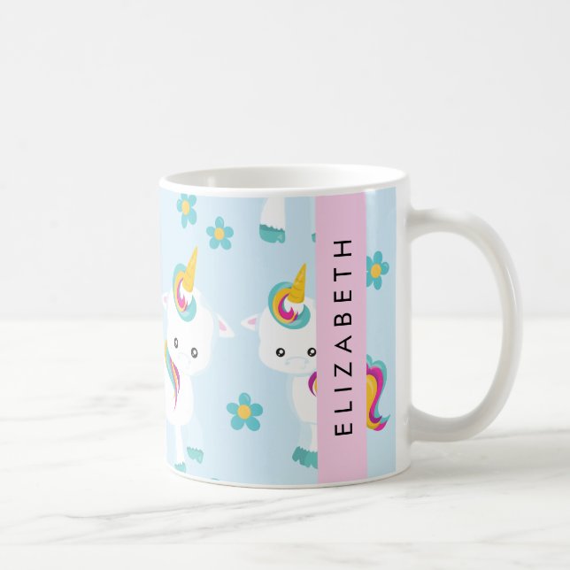 Mönster i Unicorns, Cute Unicorns, ditt namn Kaffemugg (Höger)