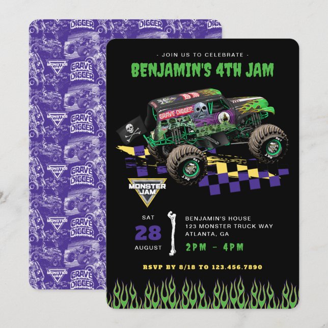 Monster Jam - Grave Digger Födelsedag Inbjudningar (Fram/baksida)