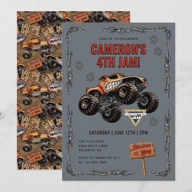 Monster Jam - Monster Mutt Födelsedag Inbjudningar (Fram/baksida)