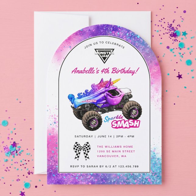 Monster Jam - Sparkle Smash Födelsedag Inbjudningar (Simulated invitation on table)