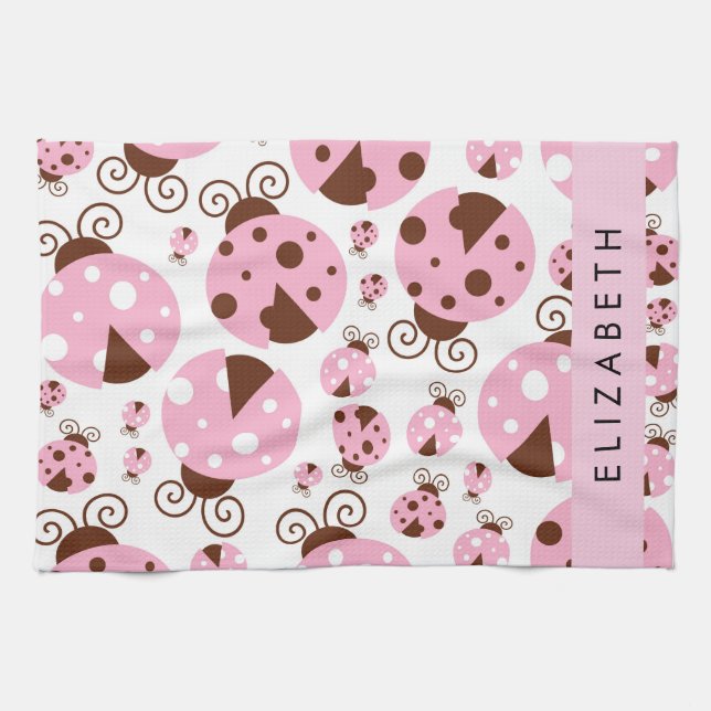 Mönster, Ladybugs, Rosa Ladybugs, ditt namn Kökshandduk (Horisontell)