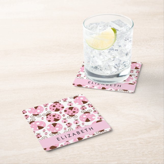 Mönster, Ladybugs, Rosa Ladybugs, ditt namn Underlägg Papper Kvadrat (Insitu)