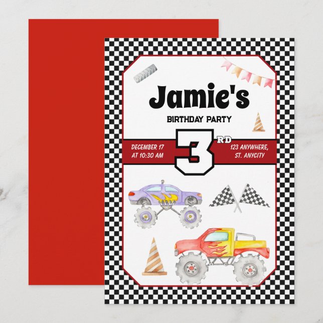 Monster Lastbil 3:e födelsedagsinbjudan Inbjudningar (Fram/baksida)