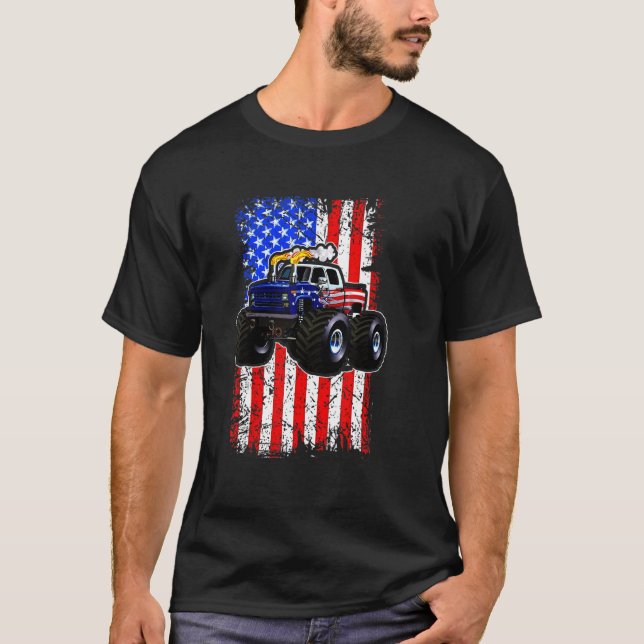 Monster Lastbil American Flagga Tävla Usa Patrioti T Shirt (Framsida)