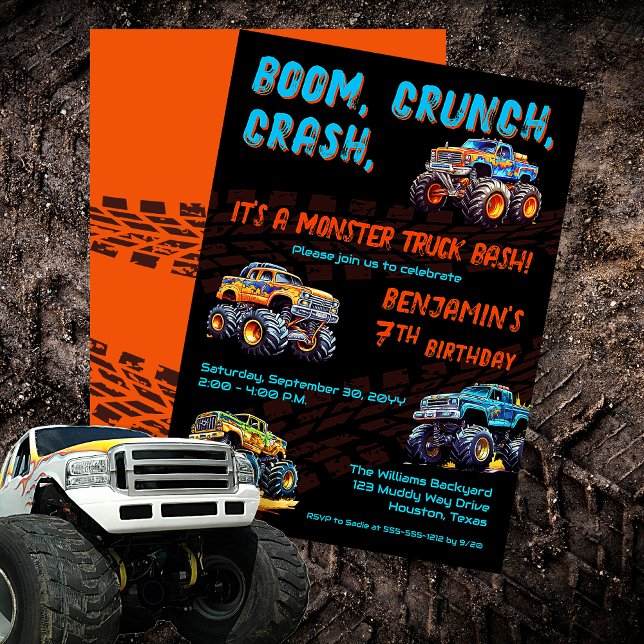 Monster Lastbil Bash Boy 7:e Födelsedagsfest Inbjudningar ("Boom, Crunch, Crash, It's A Monster Truck Bash" Boy's 7th Birthday Party Invitation)