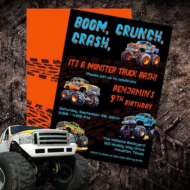 Monster Lastbil Bash Boy 9th Födelsedagsfest Inbjudningar ("Boom, Crunch, Crash, It's A Monster Truck Bash" Boy's 9th Birthday Party Invitation)