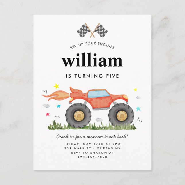 Monster Lastbil Bash Car Tävling Flaggor Barns föd Vykort (Framsida)