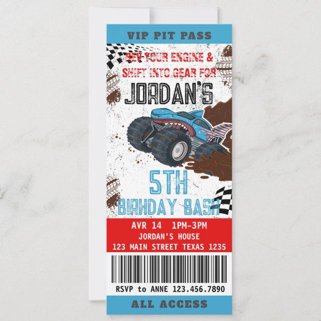 Monster Lastbil Biljett Födelsedagsfest inbjudan (Framsida)