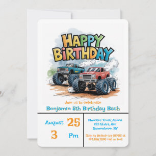 Monster Lastbil Birthday Bash Watercolor Art Inbjudningar