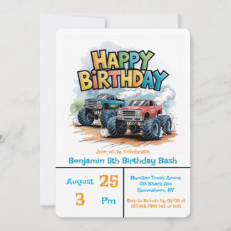 Monster Lastbil Birthday Bash Watercolor Art Inbjudningar