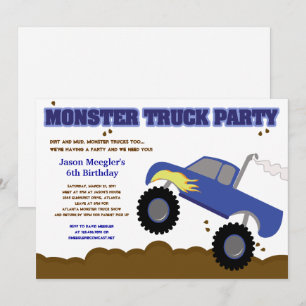 Monster Lastbil Birthday Blue Lastbil med Flames Inbjudningar