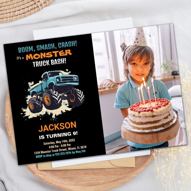 Monster Lastbil Birthday Inbjudningar, svart foto Inbjudningar (Monster Truck Birthday Invitations Black w photo)